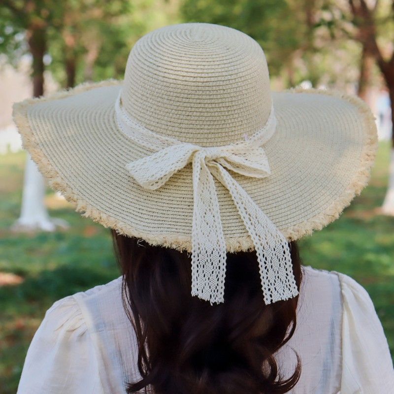 沙滩帽女夏遮脸防紫外线小碎花蝴蝶结太阳帽海边度假拍照百搭草帽