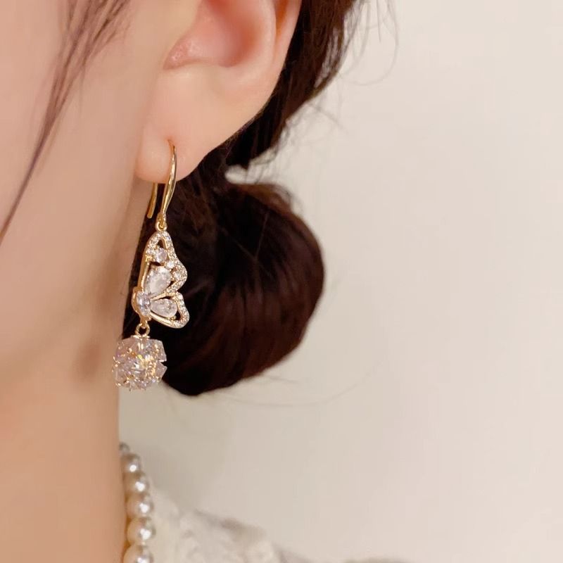 Light Luxury High-end Feel, Micro-inlaid Full Diamond Butterfly Ball Ear Hooks, Niche Fashion, Exquisite And Versatile,_voghion.com