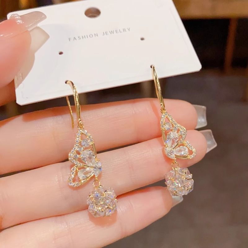 Light Luxury High-end Feel, Micro-inlaid Full Diamond Butterfly Ball Ear Hooks, Niche Fashion, Exquisite And Versatile,_voghion.com