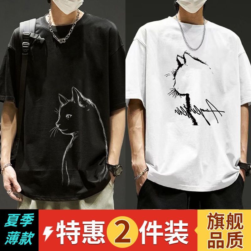100%短袖t恤男猫咪小众设计新款潮牌半袖上衣男港风宽松百搭体恤