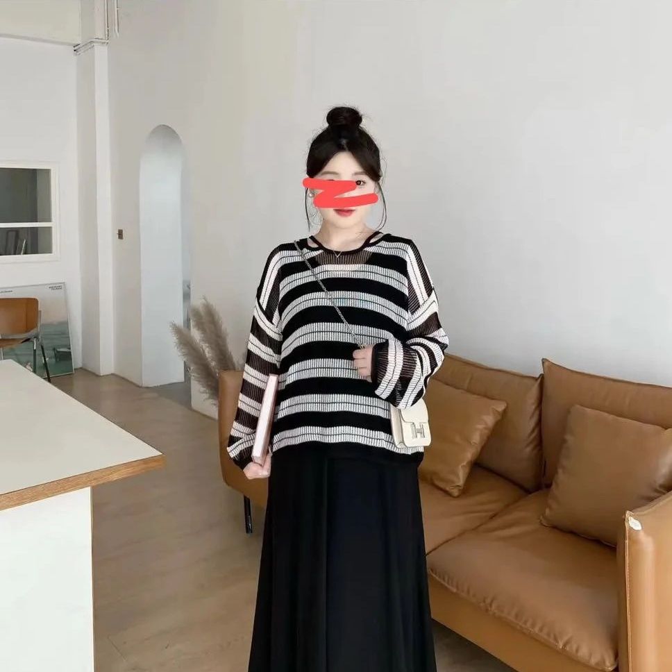 现货正品慵懒条纹长袖条纹慵懒罩衫百搭背心大码显瘦套装
