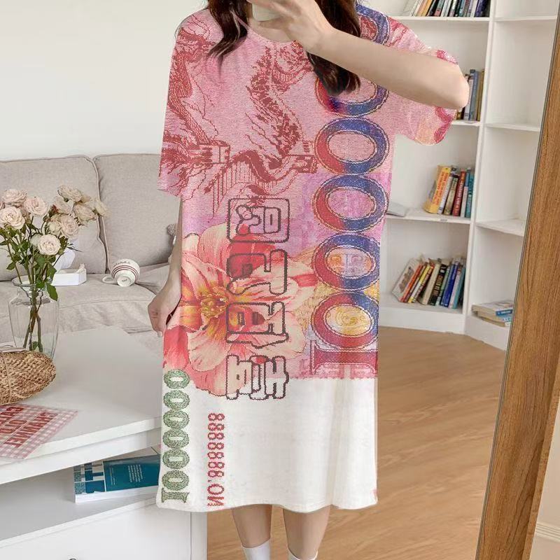 一百万睡裙少女印花舒适清爽短袖连衣裙女夏学生宿舍搞怪睡裙潮