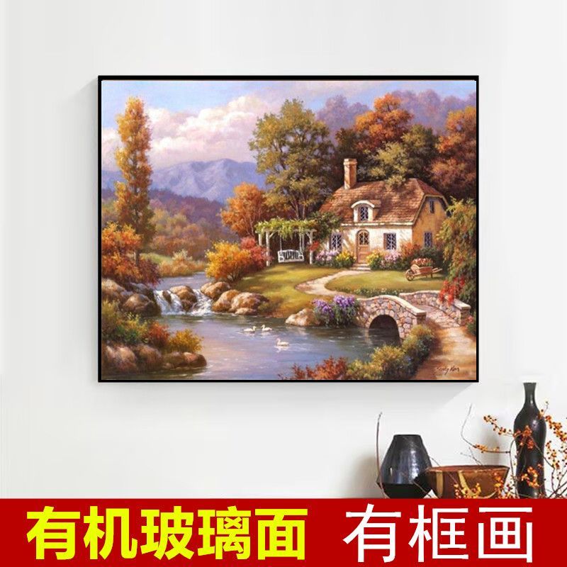 欧式挂画壁画美式山水餐厅装饰画风景客厅装饰画单幅复古背景墙画
