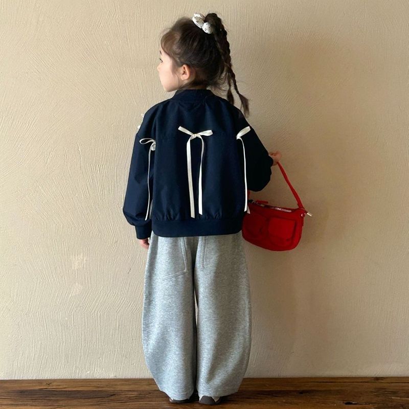 Girls Spring Outfit Embroidered Letter Bow Baseball Jacket And Pants_voghion.com
