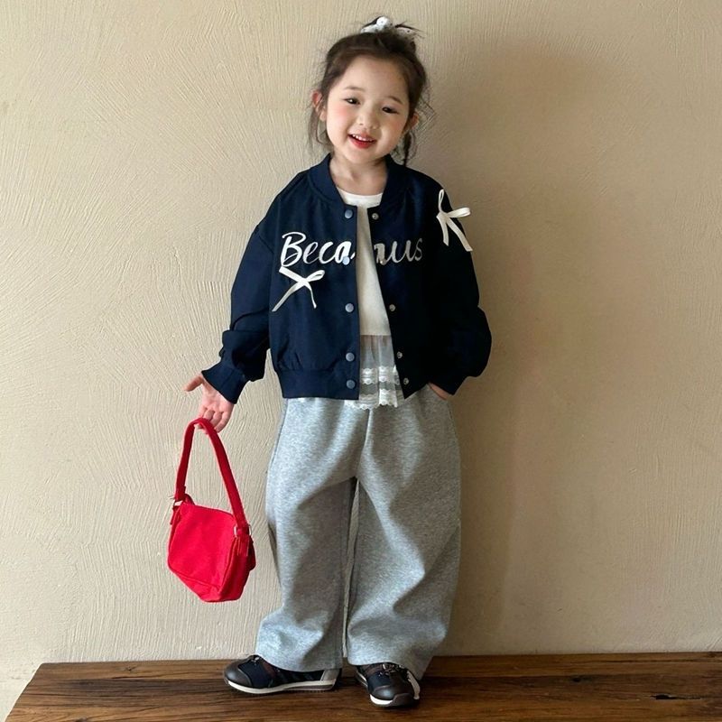 Girls Spring Outfit Embroidered Letter Bow Baseball Jacket And Pants_voghion.com