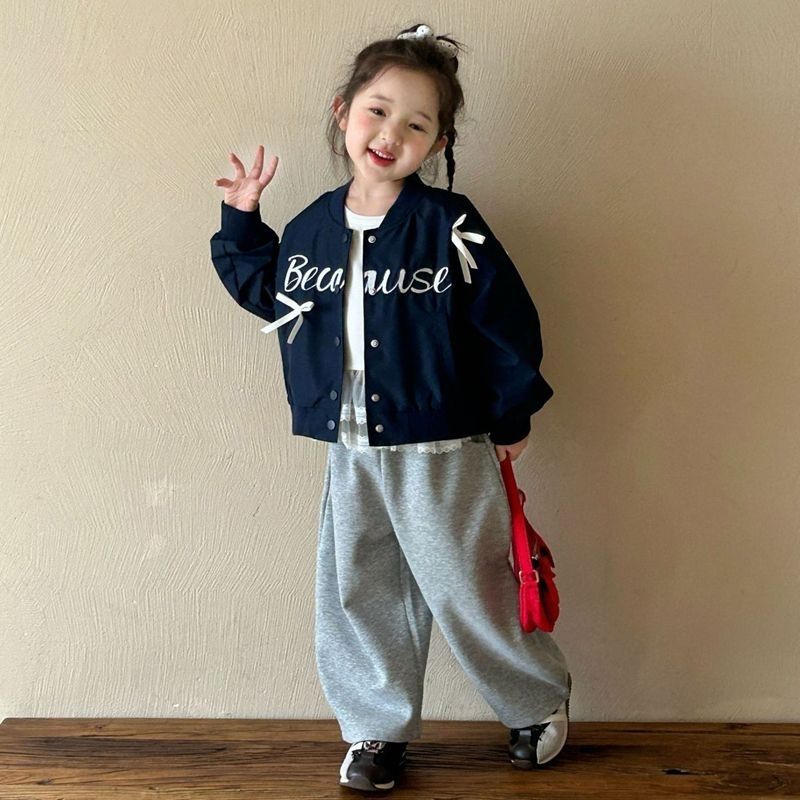Girls Spring Outfit Embroidered Letter Bow Baseball Jacket And Pants_voghion.com