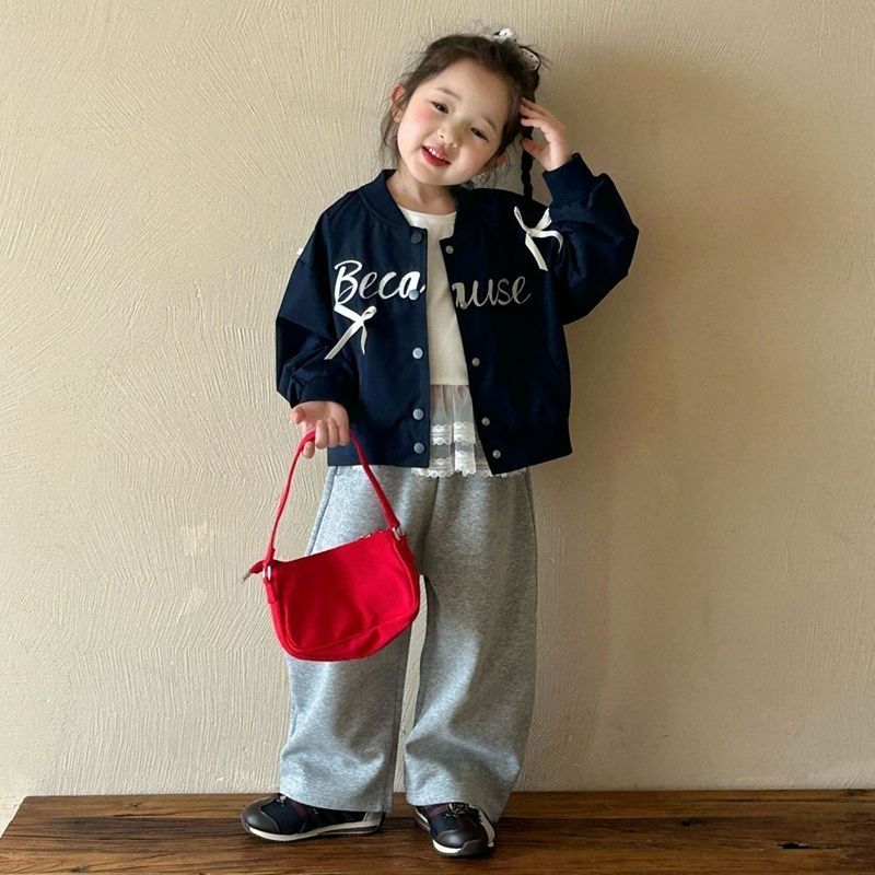 Girls Spring Outfit Embroidered Letter Bow Baseball Jacket And Pants_voghion.com