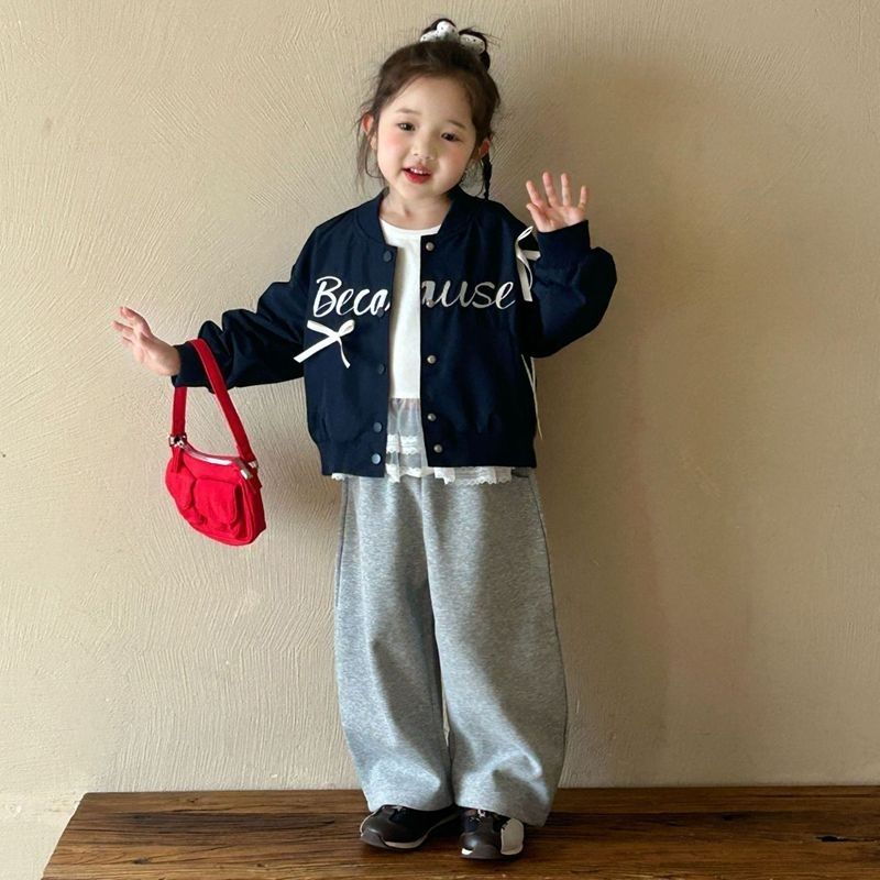 Girls Spring Outfit Embroidered Letter Bow Baseball Jacket And Pants_voghion.com