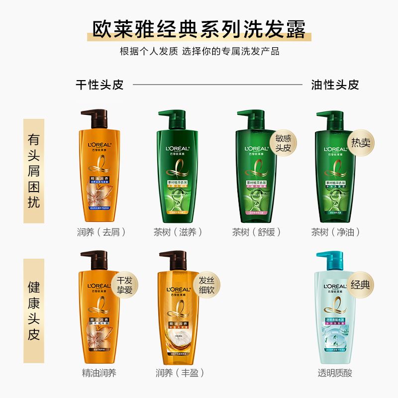 欧莱雅洗发水茶树精油润养透明质酸倍爽洗头膏控油无硅油男女学生