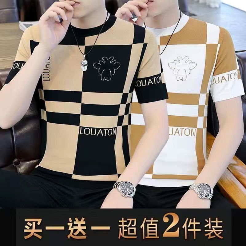 夏季男士拼接短袖t恤男中青年韩版潮流时尚