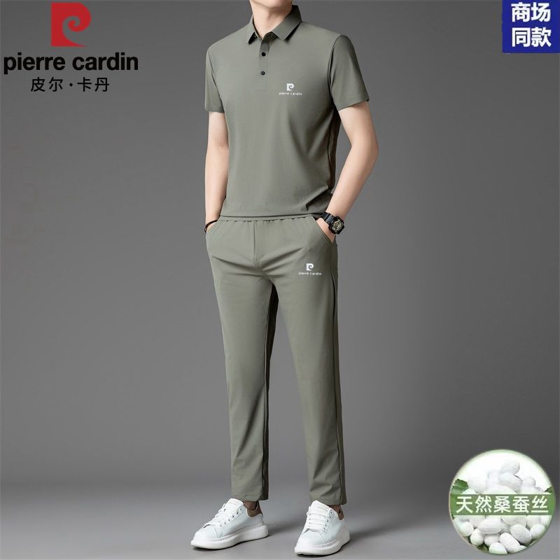 皮尔卡丹男士短袖桑蚕丝薄款套装运动套装夏季时尚翻领休闲两件套