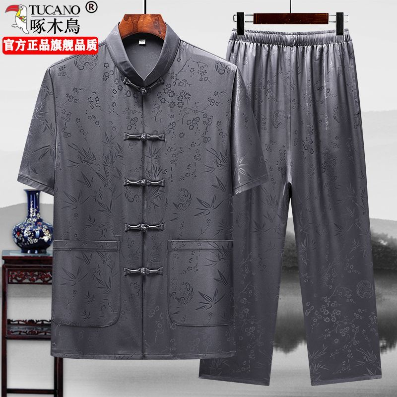 啄木鸟正品唐装男夏季短袖套装中老年新中式衬衣爸爸装宽松汉服男