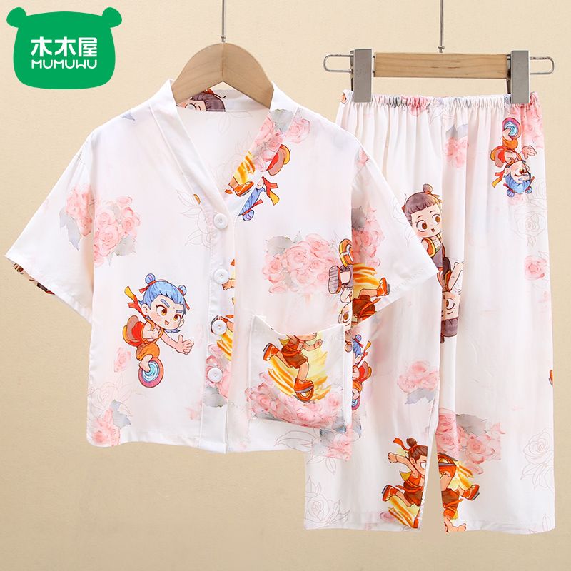 木木屋中大童睡衣男女童夏季薄款小孩棉绸家居服男童短袖外穿套装