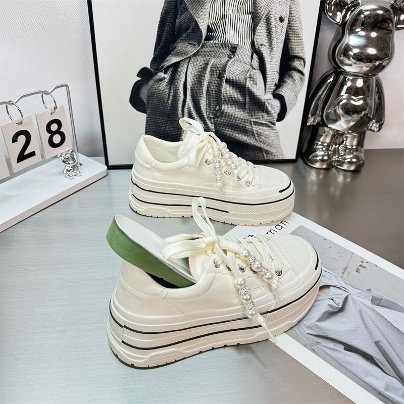 Spring European Style Women's New Pearl Lace-Up Casual Sneakers Fashionable Thick-Soled 6CM Height-Increasing White_vogvips.com