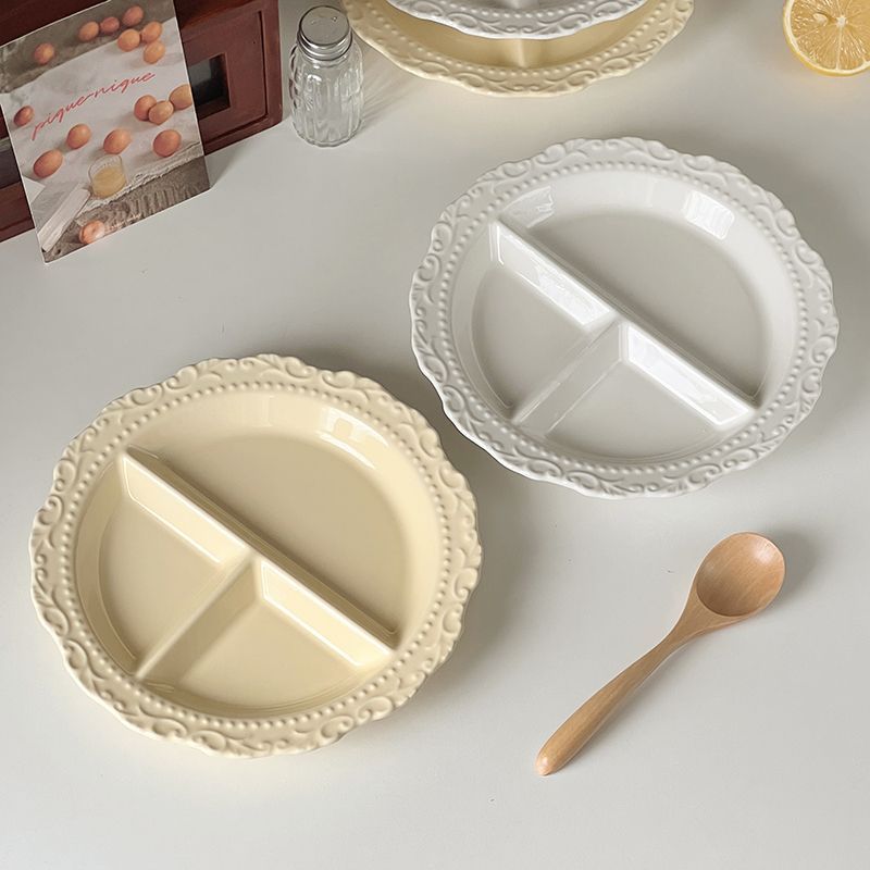 INS French Relief Ceramic Tableware Style High-end Portioning Weight Loss Dish Household Three-compartment Plate_voghion.com