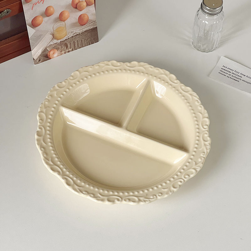 INS French Relief Ceramic Tableware Style High-end Portioning Weight Loss Dish Household Three-compartment Plate_voghion.com