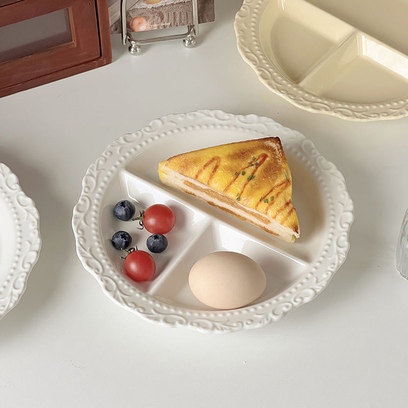 INS French Relief Ceramic Tableware Style High-end Portioning Weight Loss Dish Household Three-compartment Plate_voghion.com