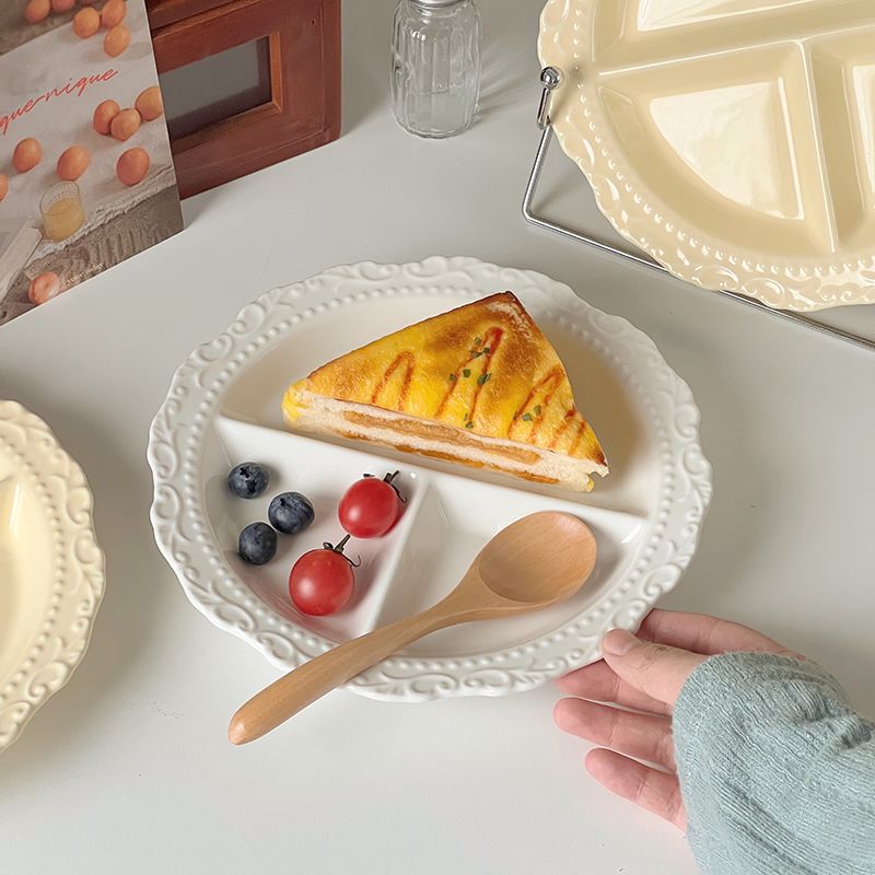 INS French Relief Ceramic Tableware Style High-end Portioning Weight Loss Dish Household Three-compartment Plate_voghion.com