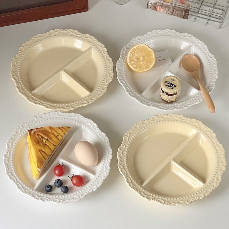 INS French Relief Ceramic Tableware Style High-end Portioning Weight Loss Dish Household Three-compartment Plate_voghion.com