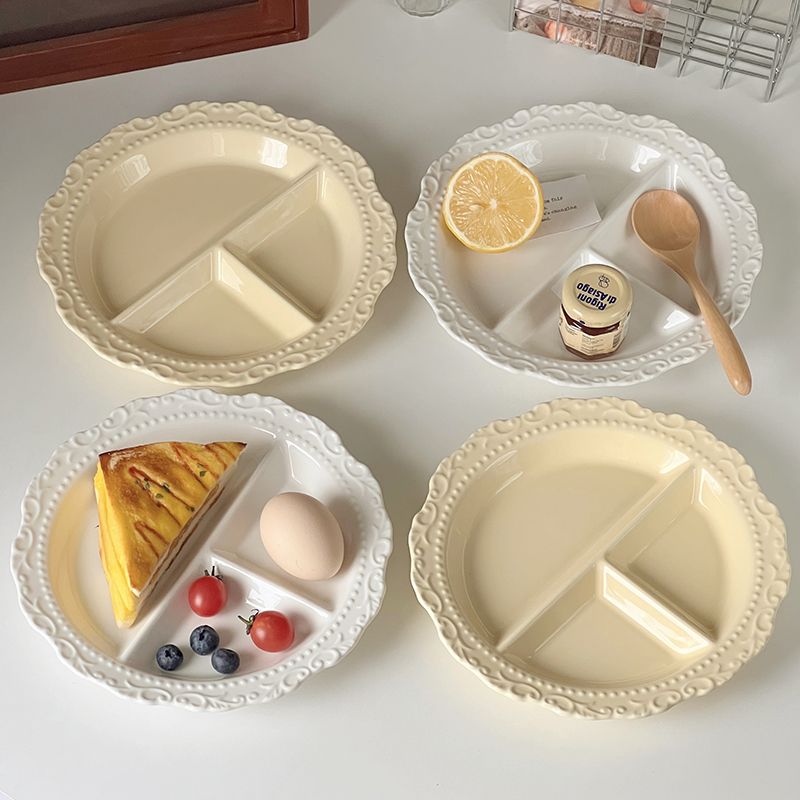 INS French Relief Ceramic Tableware Style High-end Portioning Weight Loss Dish Household Three-compartment Plate_voghion.com