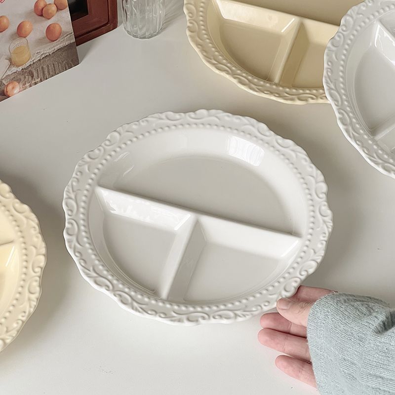 INS French Relief Ceramic Tableware Style High-end Portioning Weight Loss Dish Household Three-compartment Plate_voghion.com