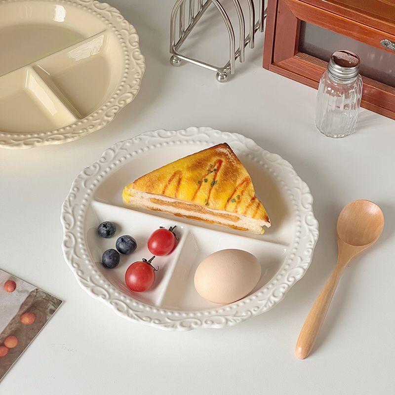 INS French Relief Ceramic Tableware Style High-end Portioning Weight Loss Dish Household Three-compartment Plate_voghion.com