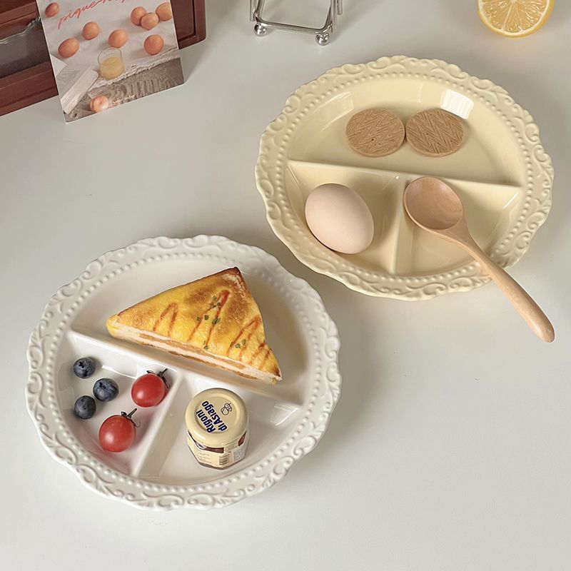 INS French Relief Ceramic Tableware Style High-end Portioning Weight Loss Dish Household Three-compartment Plate_voghion.com