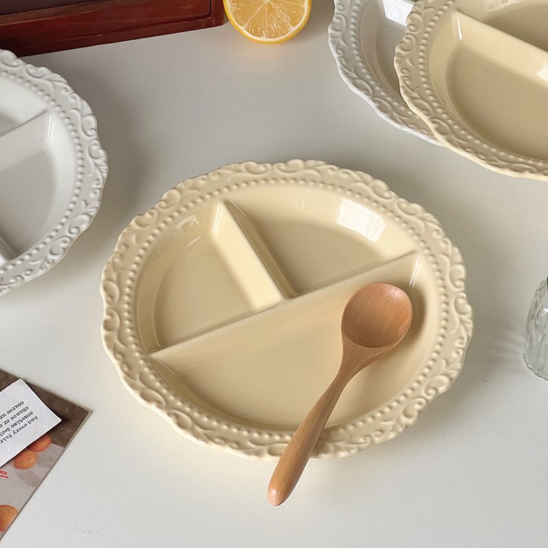INS French Relief Ceramic Tableware Style High-end Portioning Weight Loss Dish Household Three-compartment Plate_voghion.com