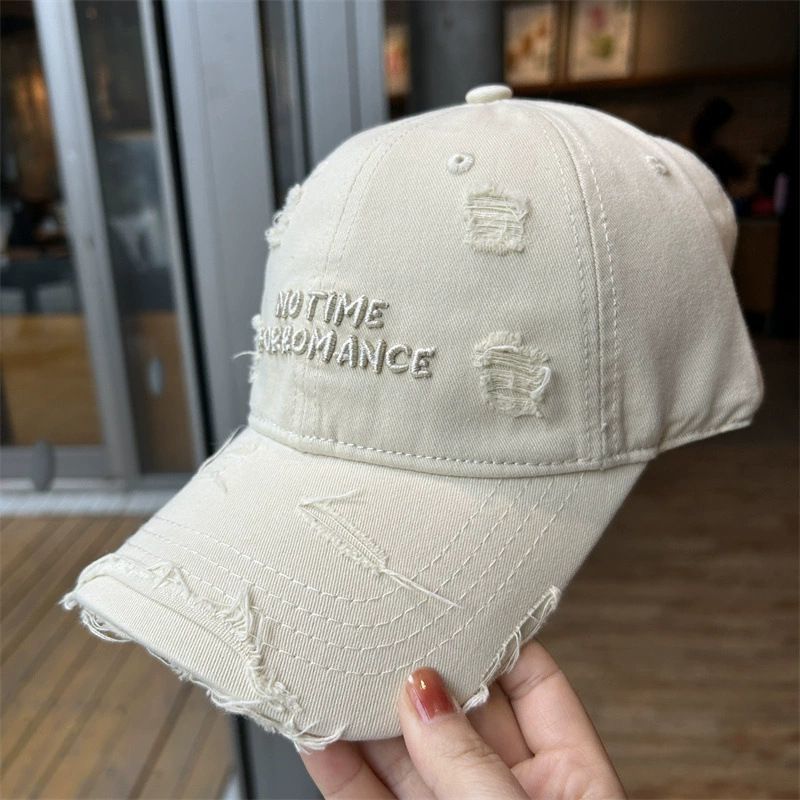 Gorra de béisbol rasgada para mujer con bordado de letras, gorra tipo visera de pato de algodón lavado, estiliza el rostro, extragrande y ancha_voghion.com