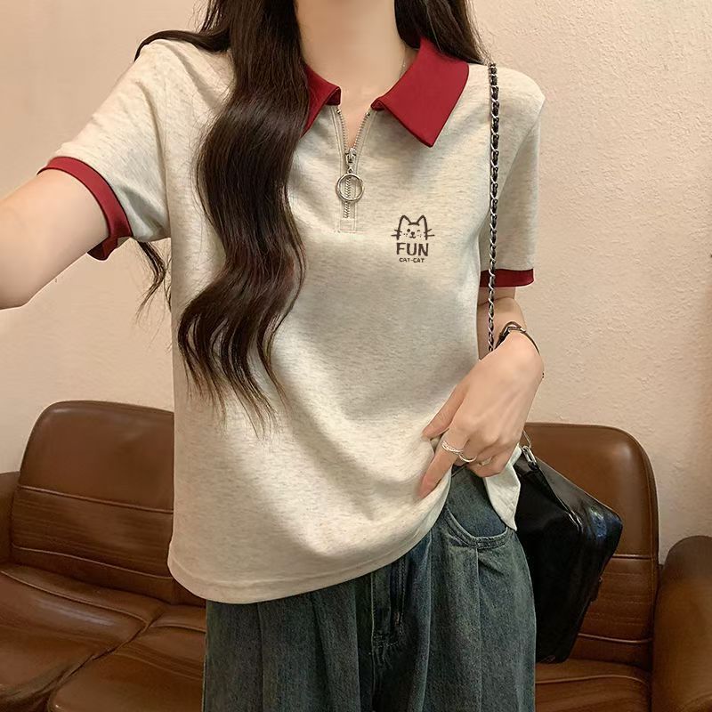 撞色拼接翻领夏季宽松胖mm休闲通勤短袖t恤大码女装遮肉显瘦180斤