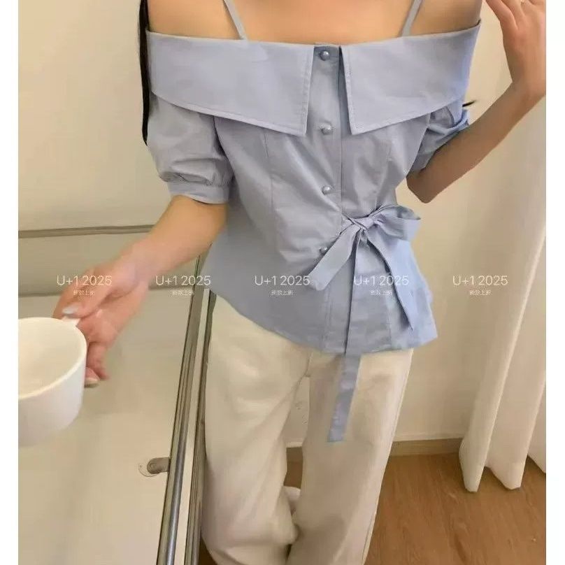 小众设计不规则绑带露肩单排扣吊带女2025夏季短款洋气一字领上衣