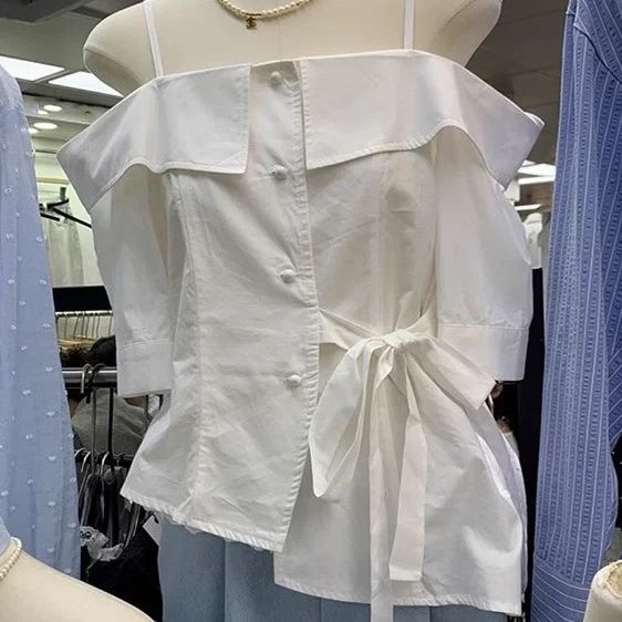 小众设计不规则绑带露肩单排扣吊带女2025夏季短款洋气一字领上衣 图片 4