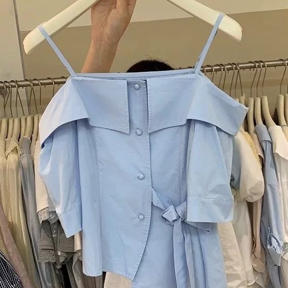 小众设计不规则绑带露肩单排扣吊带女2025夏季短款洋气一字领上衣 图片 5