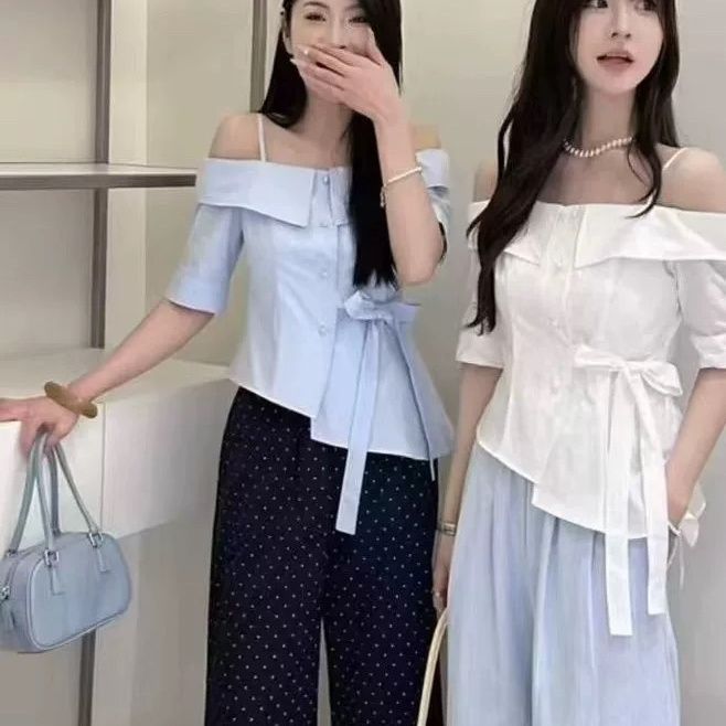 小众设计不规则绑带露肩单排扣吊带女2025夏季短款洋气一字领上衣 图片 3