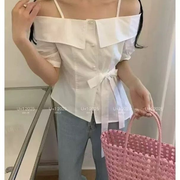 小众设计不规则绑带露肩单排扣吊带女2025夏季短款洋气一字领上衣 图片 2