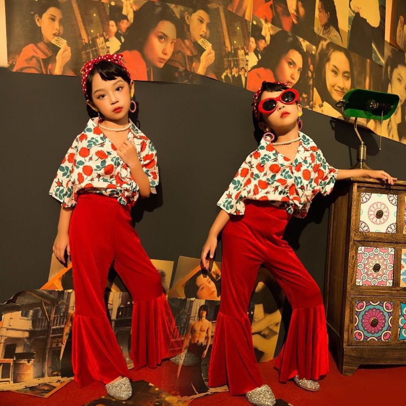 Mädchen Retro Schlaghose Und Blumenhemd Set Im Hong Kong Stil_voghion.com