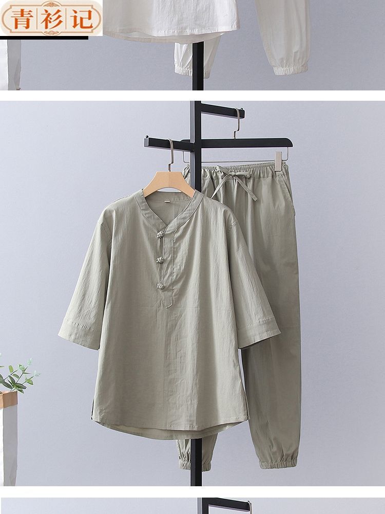 中国风男女夏季薄款v领T恤套装七分袖中式佛系茶服打坐禅修居士服 detail 7
