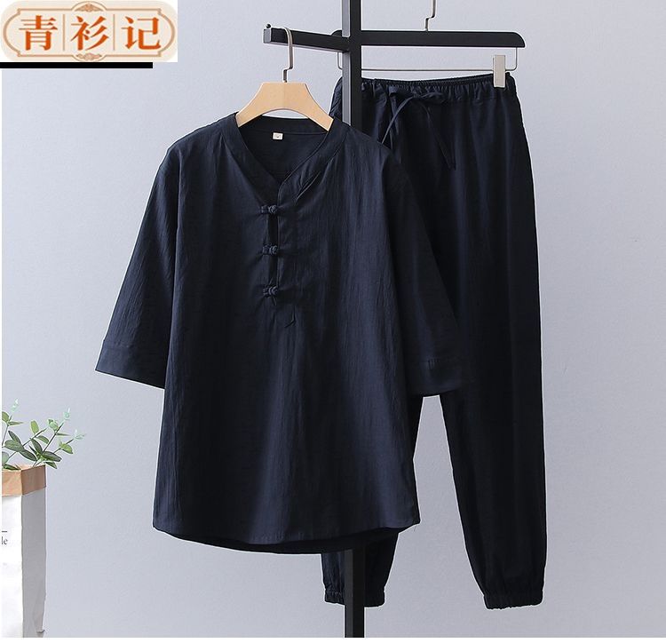 中国风男女夏季薄款v领T恤套装七分袖中式佛系茶服打坐禅修居士服 detail 8