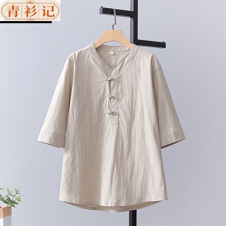 中国风男女夏季薄款v领T恤套装七分袖中式佛系茶服打坐禅修居士服 detail 10