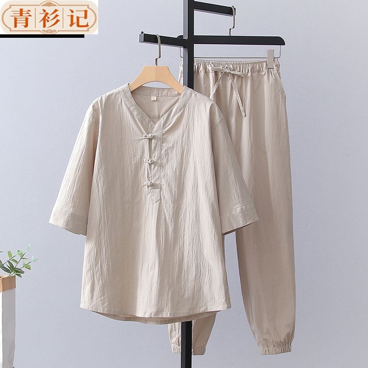 中国风男女夏季薄款v领T恤套装七分袖中式佛系茶服打坐禅修居士服 3