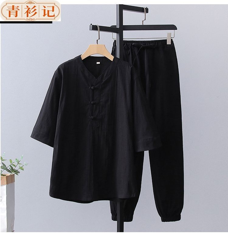 中国风男女夏季薄款v领T恤套装七分袖中式佛系茶服打坐禅修居士服 detail 9