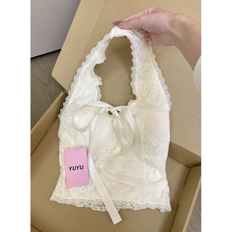 设计感蕾丝挂系带蝴蝶结吊带背心带胸垫外穿修身纯欲性感上衣女