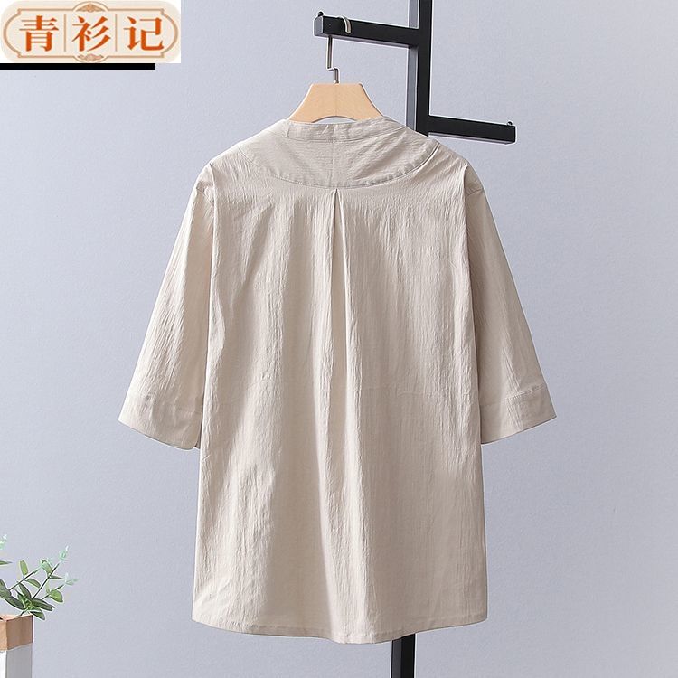 中国风男女夏季薄款v领T恤套装七分袖中式佛系茶服打坐禅修居士服 detail 11