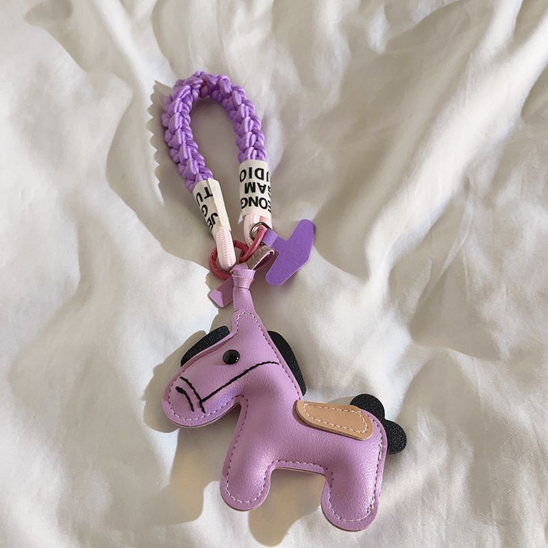 Black Leather Horse Keychain With Braided Wrist Strap Charm_voghion.com