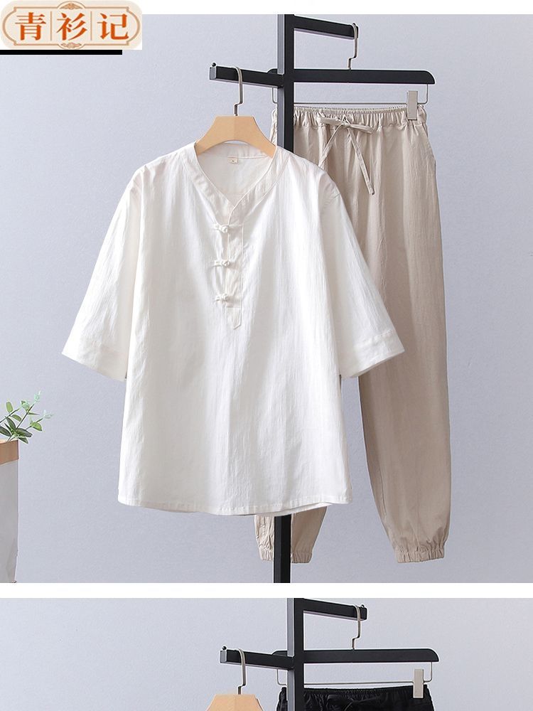 中国风男女夏季薄款v领T恤套装七分袖中式佛系茶服打坐禅修居士服 detail 4
