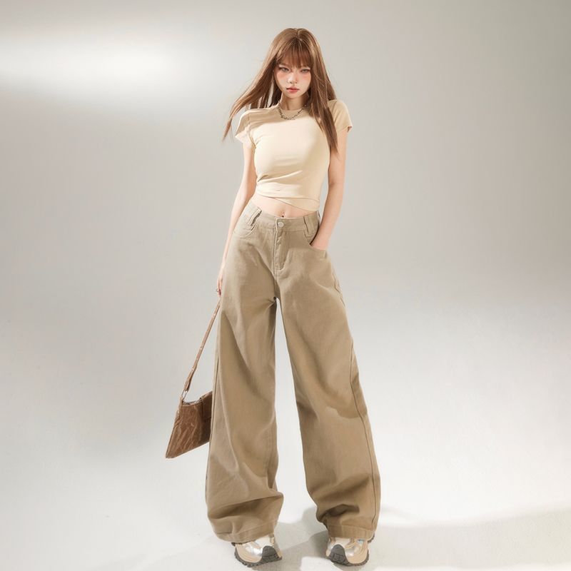 Cxx Khaki Draped Jeans For Women, Autumn New Loose High-Waisted Floor-Length Wide-Leg Pants, Fashionable Straight-Leg_ecoleips.com