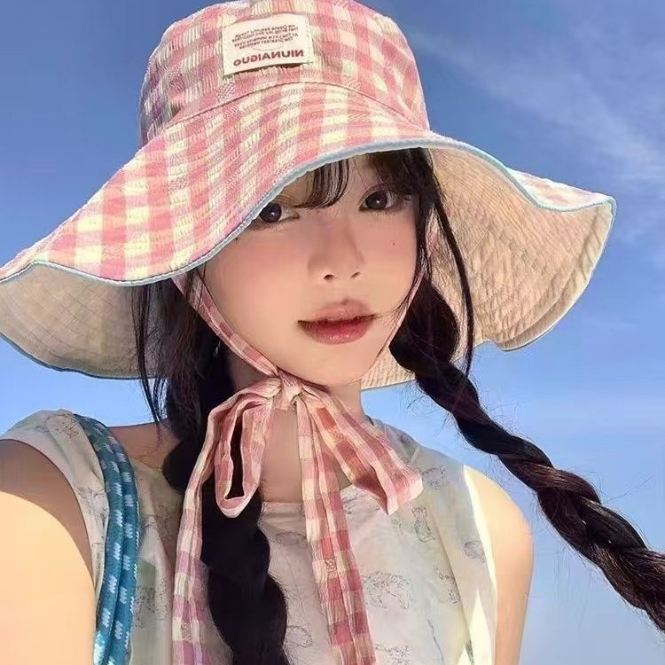 韩版格纹宽边系带渔夫帽女款夏季大帽檐显脸小遮阳帽子防晒帽盆帽5天内发货