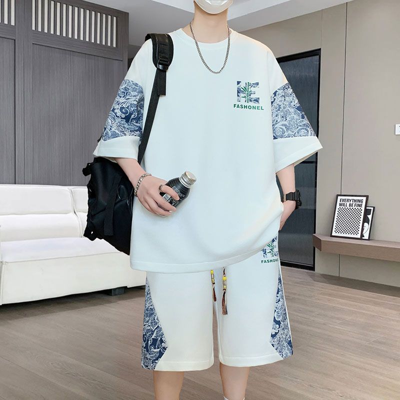 夏季休闲套装圆领宽松青少年学生运动套装男生帅气潮流高档五分袖