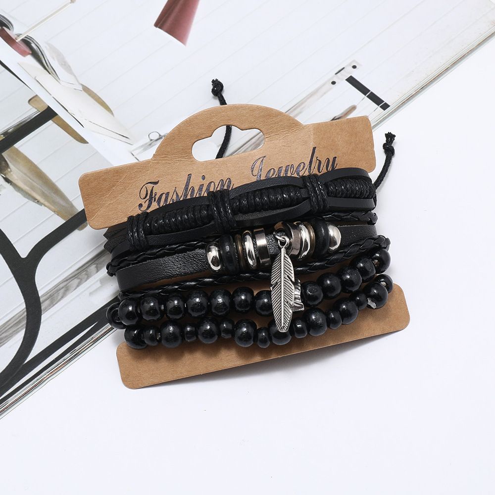 Woven Leather Bead Bracelet Set With Vintage Feather Pendant_voghion.com