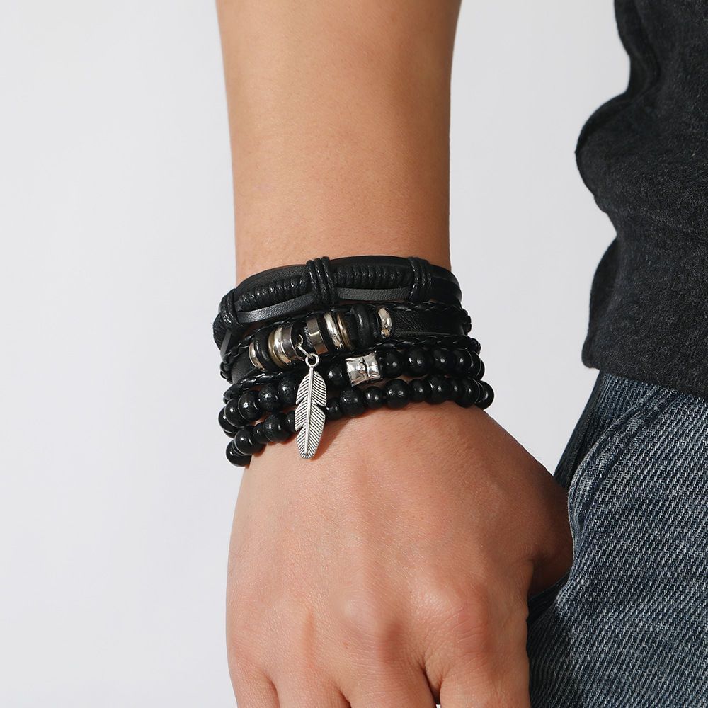 New Europea Ad America Style Leather Wove Beaded Bracelet Set With Vitage Feather Pedat, Premium Wristbad For_voghion.com